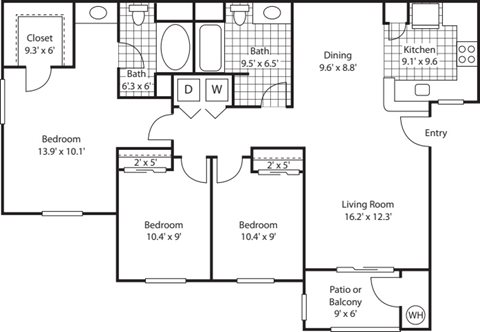 Floor plan for 3 beds, 2 baths, 1161 sqft
